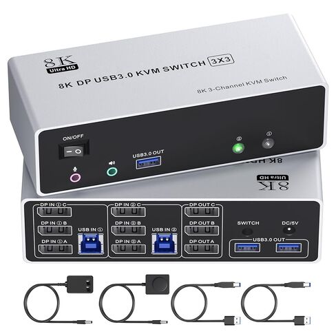 8K@60Hz Displayport KVM Switch 3 Monitors 2 Computers, 4K@120Hz Triple Monitor KVM Switch for 2 Computers Sharing 3 Monitors, Keyboard, Mouse,with 2 USB3.0 Cables,Controller and Power Adapter in Kuwait