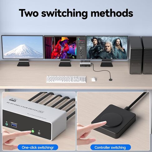 8K@60Hz Displayport KVM Switch 3 Monitors 2 Computers, 4K@120Hz Triple Monitor KVM Switch for 2 Computers Sharing 3 Monitors, Keyboard, Mouse,with 2 USB3.0 Cables,Controller and Power Adapter in Kuwait