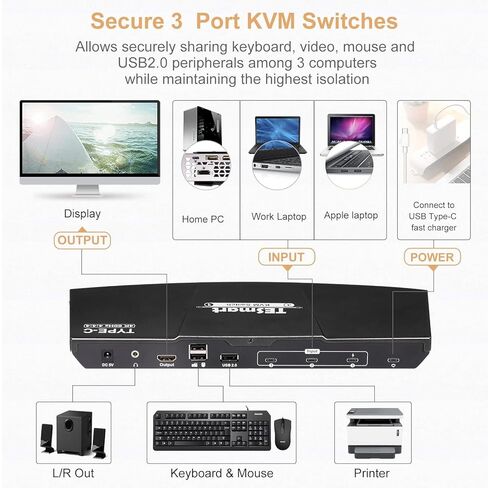 محول TESmart USB-C KVM 3 في 1، لـ 3 أجهزة كمبيوتر وشاشة واحدة، نوع C KVM، 4k@60 هرتز، طاقة إمداد للكمبيوتر المحمول المتصل بالمنفذ 1 in Saudi Arabia