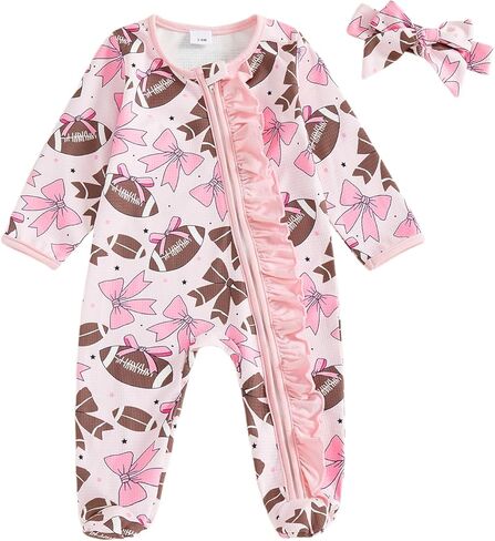 Newborn Baby Girl Football Outfit Game Day Zipper Jumpsuit Footie Romper Headband Coming Home Clothes Fall in Saudi Arabia