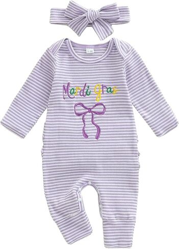Newborn Girl Mardi Gras Outfit Letter Bow Long Sleeve Romper Jumpsuit One Piece Clothes Headband in Saudi Arabia