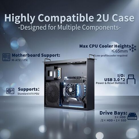 هيكل 2U Rackmount، حافظة خادم Micro-ATX، يدعم 2 × 3.5 محرك أقراص ثابتة و1 × 2.5 SSD، متوافق مع ATX PSU، 4 فتحات PCIe، تبريد جيد التهوية، منافذ USB in Kuwait