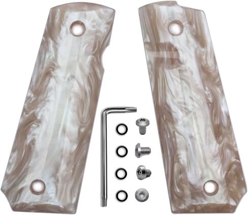 Guuun 1911 Grips High Polished Synthetic White Pearl & Ivory Pearl Resin Ambi Safety Cut Grip Screws Set Included in Saudi Arabia