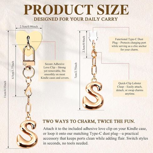 Kindle Dust Plug Charm & Chain, Alphabet Letter Charms with Removable Heart Hook, Type-C Charger Port Dust Plug Accessories Compatible with Kindle E-Reader/Tablet/Phone, Gifts for Book Lovers in Saudi Arabia