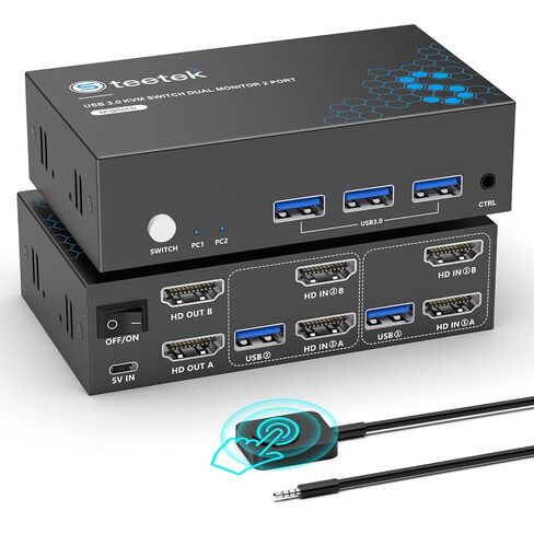 HDMI KVM Switch 2 شاشات 2 جهاز كمبيوتر، USB 3.0، 4K@60 هرتز KVM مفاتيح مشاركة الشاشات المزدوجة لوحة المفاتيح والماوس والطابعة بين جهازي كمبيوتر، مع EDID، 2 كابلات USB ووحدة التحكم in Kuwait