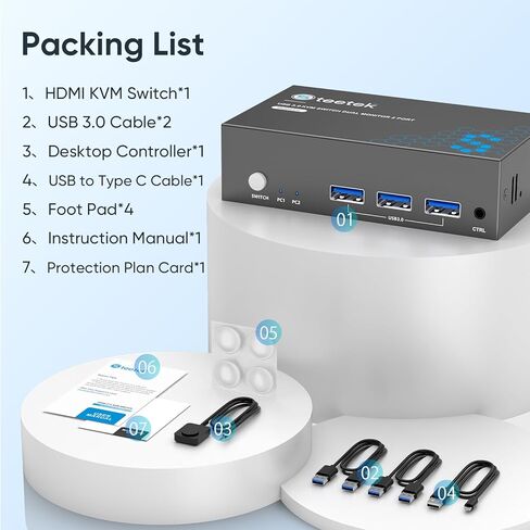HDMI KVM Switch 2 شاشات 2 جهاز كمبيوتر، USB 3.0، 4K@60 هرتز KVM مفاتيح مشاركة الشاشات المزدوجة لوحة المفاتيح والماوس والطابعة بين جهازي كمبيوتر، مع EDID، 2 كابلات USB ووحدة التحكم in Kuwait