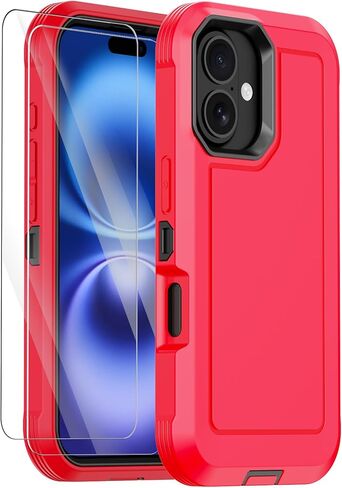 Annymall for iPhone 16e Case with 2 Screen Protector,Shockproof Drop Protection Full Body Heavy Duty 3 Layer Military Rugged Durable Phone Cover for Apple iPhone 16e 6.1 inch 2025 (Pink) in Saudi Arabia
