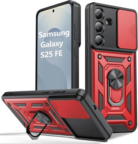 Case for Samsung Galaxy S25 FE Mobile Phone Case, with Sliding Camera Cover, Rotating Finger Ring Stand, Shockproof, Scratch-Resistant Protective Case - Blue in Saudi Arabia