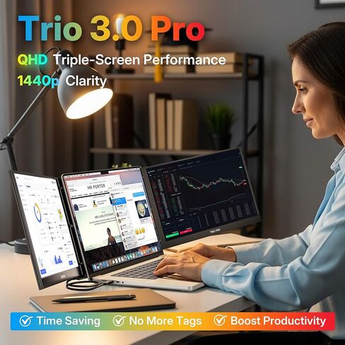 New Mobile Pixels Trio 3 Pro Triple Portable Monitor, 14.1" QHD 1400P Monitor with Built-in Kickstand, Expand to Triple Screens with USB-C, 65W Pass-Through Charging, Compatible with Mac & Windows in Saudi Arabia
