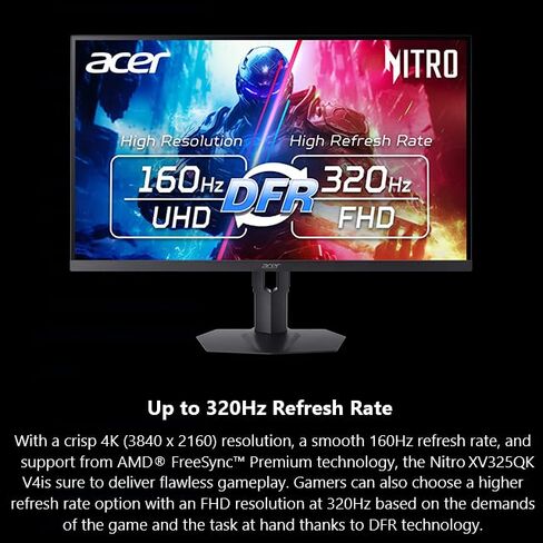 Acer Nitro 31.5" 4K UHD 3840x2160 Gaming IPS MiniLED Monitor | AMD FreeSync Premium | 160Hz Refresh Rate to FHD 320Hz (DFR) | Up to 0.5ms | 1x Display Port 1.4 & 2x HDMI 2.1 Ports | XV325QK V3bmiipprx in Saudi Arabia