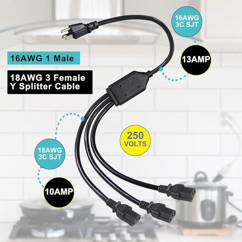 Computer Y Splitter Power Cord, NEMA 5-15P to 3X IEC60320 C13 Female 3 Ways Outlet AC Power Cord, SJT 16AWG Universal Laptop 3 Prong Power Cable, C13 Y Spliiter for Monitor/TV/Printer (3FT) in Saudi Arabia