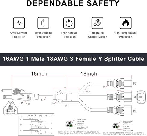 Computer Y Splitter Power Cord, NEMA 5-15P to 3X IEC60320 C13 Female 3 Ways Outlet AC Power Cord, SJT 16AWG Universal Laptop 3 Prong Power Cable, C13 Y Spliiter for Monitor/TV/Printer (3FT) in Saudi Arabia
