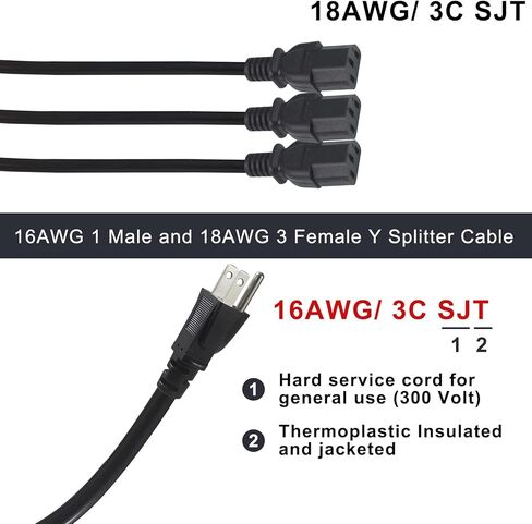 Computer Y Splitter Power Cord, NEMA 5-15P to 3X IEC60320 C13 Female 3 Ways Outlet AC Power Cord, SJT 16AWG Universal Laptop 3 Prong Power Cable, C13 Y Spliiter for Monitor/TV/Printer (3FT) in Saudi Arabia