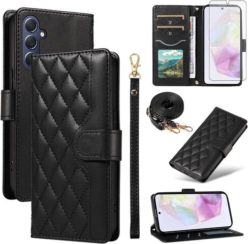 حافظة هاتف Asuwish لهاتف Samsung Galaxy A35 5G مع واقي شاشة من الزجاج المقسى وحزام معصم وحامل بطاقات وحبل وحامل وإكسسوارات الخلية ومحفظة A 35 35A A355G للنساء والرجال باللون الذهبي الوردي in Kuwait