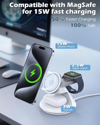 3 in 1 Charging Station for Apple MagSafe Charger Compat, 15W Magnetic Wireless Charger Stand, 360° Rotating Dock, Wireless Charging Station for iPhone 17 16 15 14 13 12 Series for iWatch for AirPods in Saudi Arabia