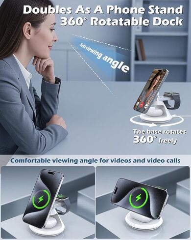 3 in 1 Charging Station for Apple MagSafe Charger Compat, 15W Magnetic Wireless Charger Stand, 360° Rotating Dock, Wireless Charging Station for iPhone 17 16 15 14 13 12 Series for iWatch for AirPods in Saudi Arabia