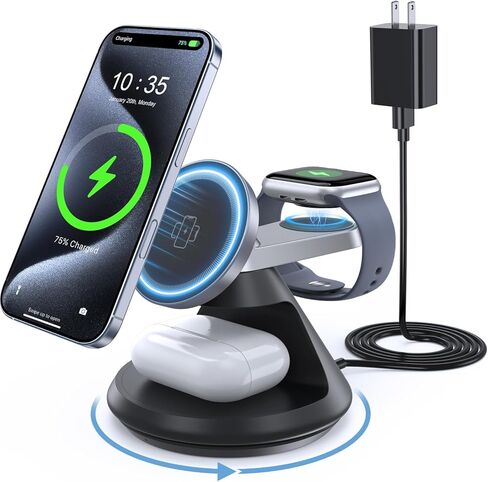 3 in 1 Charging Station for Apple MagSafe Charger Compat, 15W Magnetic Wireless Charger Stand, 360° Rotating Dock, Wireless Charging Station for iPhone 17 16 15 14 13 12 Series for iWatch for AirPods in Saudi Arabia