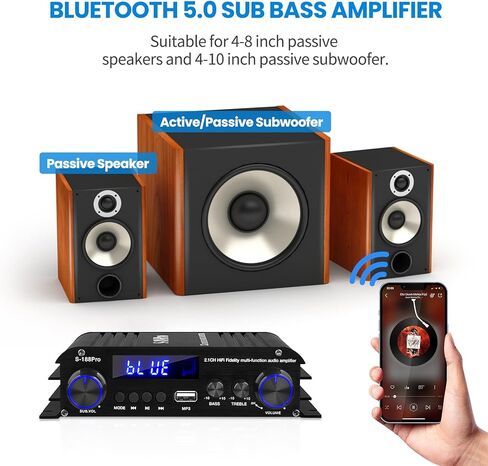 S-188Pro Bluetooth Amplifiers RMS 50WX2+60W Stereo Audio Amp Receivers for Home Speaker 2.1 Channel Max 600W Output Mini Power Amplifier w/FM Radio, Echo, MIC, USB, SD Input for Home Audio in Kuwait
