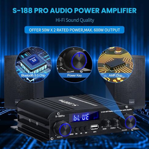 S-188Pro Bluetooth Amplifiers RMS 50WX2+60W Stereo Audio Amp Receivers for Home Speaker 2.1 Channel Max 600W Output Mini Power Amplifier w/FM Radio, Echo, MIC, USB, SD Input for Home Audio in Kuwait