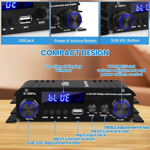 S-188Pro Bluetooth Amplifiers RMS 50WX2+60W Stereo Audio Amp Receivers for Home Speaker 2.1 Channel Max 600W Output Mini Power Amplifier w/FM Radio, Echo, MIC, USB, SD Input for Home Audio in Kuwait