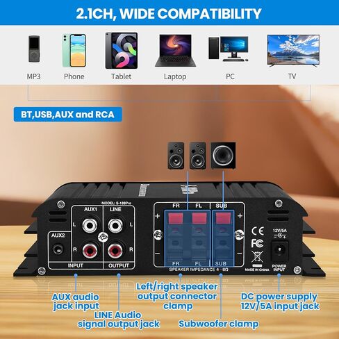 S-188Pro Bluetooth Amplifiers RMS 50WX2+60W Stereo Audio Amp Receivers for Home Speaker 2.1 Channel Max 600W Output Mini Power Amplifier w/FM Radio, Echo, MIC, USB, SD Input for Home Audio in Kuwait