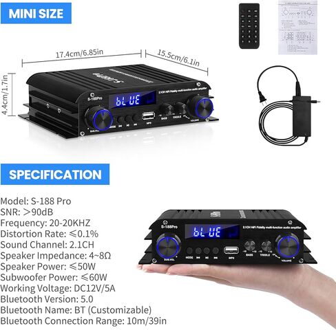 S-188Pro Bluetooth Amplifiers RMS 50WX2+60W Stereo Audio Amp Receivers for Home Speaker 2.1 Channel Max 600W Output Mini Power Amplifier w/FM Radio, Echo, MIC, USB, SD Input for Home Audio in Kuwait