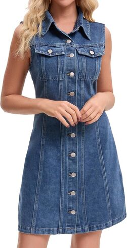 Women Denim Dress Sleeveless Collared Western Button Down Short Jean Dresses in Saudi Arabia