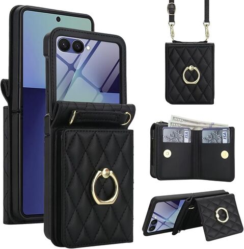 Wallet Phone Case for Samsung Galaxy Z Flip 7 Fashion PU Leather Purse Crossbody Cover with Ring Screen Protector Adjustable Lanyard Card Slot Magnetic Kickstand for Women Girls Black in Saudi Arabia