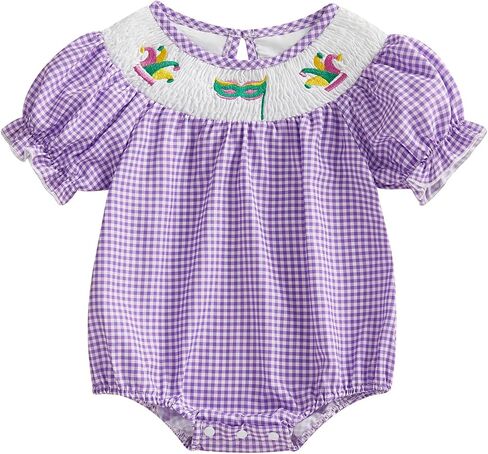 Newborn Infant Baby Girl Mardi Gras Outfit Mask Crown Embroidery Plaid Smocked Bubble Romper Short Sleeve Bodysuit in Saudi Arabia