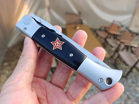 Russian Finka-NKVD KGB Folding Pocket Knife,3.74" Mirror Polished X12M Steel Blade,Aviation Aluminum Inlaid Resin Handle,Cowhide Sheath (Black handle) in Saudi Arabia
