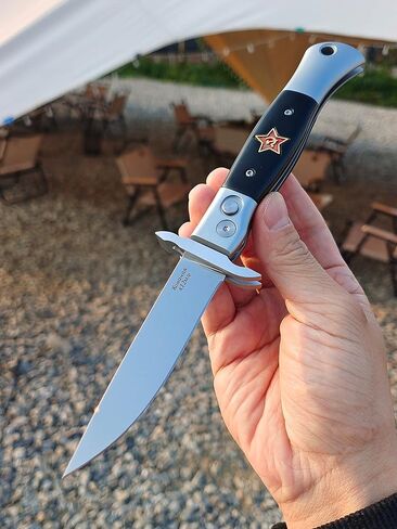 Russian Finka-NKVD KGB Folding Pocket Knife,3.74" Mirror Polished X12M Steel Blade,Aviation Aluminum Inlaid Resin Handle,Cowhide Sheath (Black handle) in Saudi Arabia