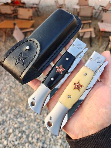 Russian Finka-NKVD KGB Folding Pocket Knife,3.74" Mirror Polished X12M Steel Blade,Aviation Aluminum Inlaid Resin Handle,Cowhide Sheath (Black handle) in Saudi Arabia