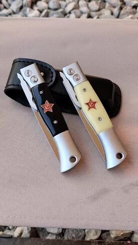 Russian Finka-NKVD KGB Folding Pocket Knife,3.74" Mirror Polished X12M Steel Blade,Aviation Aluminum Inlaid Resin Handle,Cowhide Sheath (Black handle) in Saudi Arabia