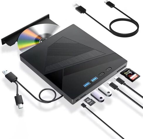 [محرك أقراص DVD خارجي 7 في 1، محرك أقراص CD/DVD خارجي للكمبيوتر المحمول مع 2 * نوع C، 2 * USB A، منفذ SD/TF، ​​مشغل DVD CD DVD، محرك الأقراص الضوئية للكمبيوتر المحمول Windows Linux MacOS (أسود) in Kuwait