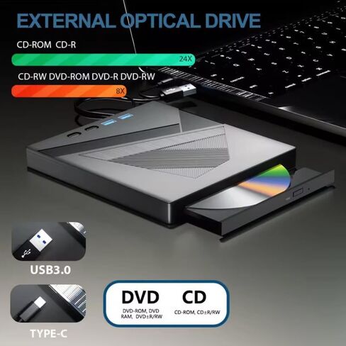 [محرك أقراص DVD خارجي 7 في 1، محرك أقراص CD/DVD خارجي للكمبيوتر المحمول مع 2 * نوع C، 2 * USB A، منفذ SD/TF، ​​مشغل DVD CD DVD، محرك الأقراص الضوئية للكمبيوتر المحمول Windows Linux MacOS (أسود) in Kuwait