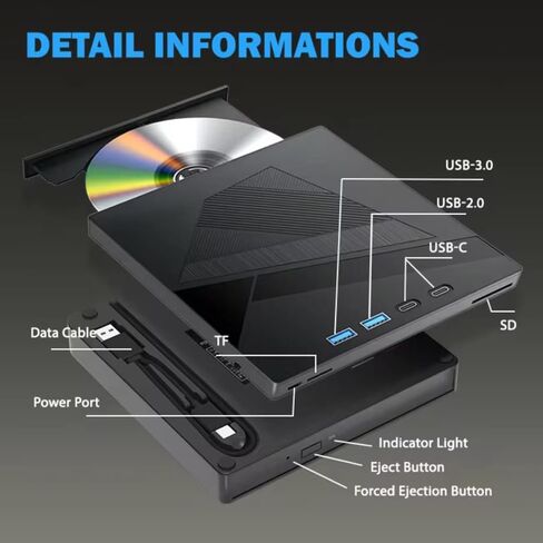 [محرك أقراص DVD خارجي 7 في 1، محرك أقراص CD/DVD خارجي للكمبيوتر المحمول مع 2 * نوع C، 2 * USB A، منفذ SD/TF، ​​مشغل DVD CD DVD، محرك الأقراص الضوئية للكمبيوتر المحمول Windows Linux MacOS (أسود) in Kuwait