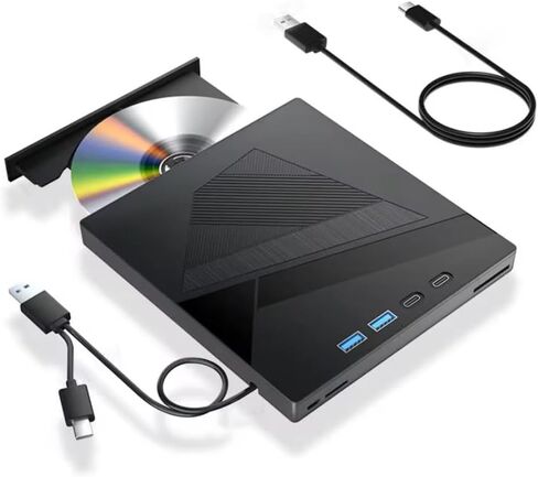 [محرك أقراص DVD خارجي 7 في 1، محرك أقراص CD/DVD خارجي للكمبيوتر المحمول مع 2 * نوع C، 2 * USB A، منفذ SD/TF، ​​مشغل DVD CD DVD، محرك الأقراص الضوئية للكمبيوتر المحمول Windows Linux MacOS (أسود) in Kuwait