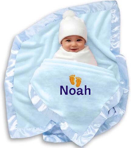 Ships Next Day Personalized Baby Blanket with Embroidered Name - Soft Customized Baby Blanket for Boys and Girls Made in USA - Personalized Custom Blanket with Name - Blue in Saudi Arabia