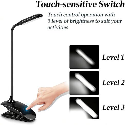 Portable Rechargeable Reading Light USB Clip LED Lamp Touch Control Three Level Dimming 5500K 6500K Eye Care Lighting Adjustable Angle Compact Design for Home Office Study Camping Desk in Saudi Arabia