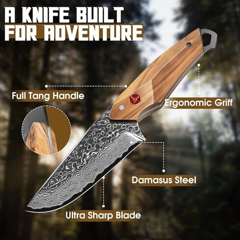 TAN REN Damascus Fixed Blade Knife, Outdoor Survival Knife with Sheath, Full Tang Bushcraft Knives with Wood Handle, Brown Hunting Knives Gift for Men Camping, Outdoor Cooking, Gift for Him in Saudi Arabia