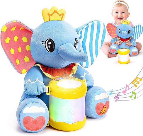 Baby Toys 6-12 Months, Stuffed Elephant with Light Up Musical Drum | Detachable Drum, Multi-Function Buttons, Early Learning, Christmas and Birthday Gifts in Saudi Arabia