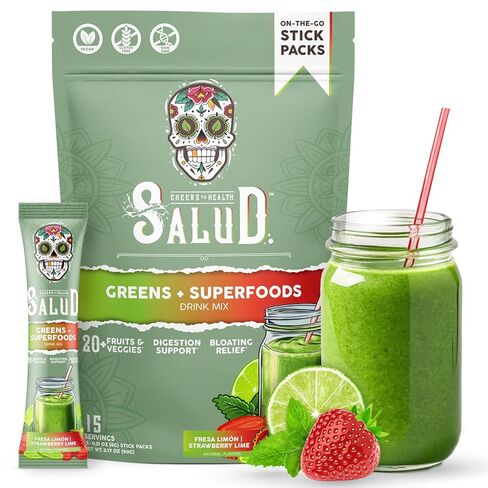 Salud 2-in-1 Greens Powder + Superfood Drink Mix Packets, 20+ Fruits and Veggies, Probiotics, Prebiotics, Supports Digestive Health, Bloating Relief, Vegan, Peach Mango (15 Servings) in Saudi Arabia