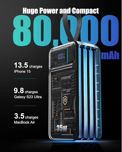 بنك طاقة بقدرة 80000 مللي أمبير في الساعة، شاحن محمول سريع الشحن بقدرة 35 وات مدمج بـ 3 كابلات مع 7 منافذ، حزمة بطارية خارجية عالية السعة لأجهزة iPhone وGalaxy وSteam Deck وأساسيات السفر والتخييم in Kuwait