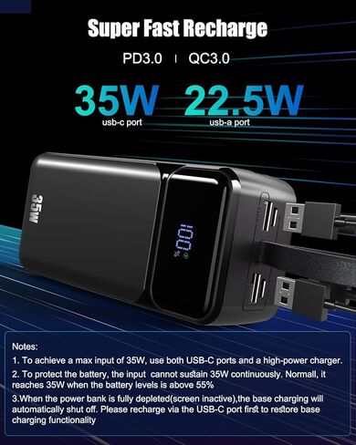 بنك طاقة بقدرة 80000 مللي أمبير في الساعة، شاحن محمول سريع الشحن بقدرة 35 وات مدمج بـ 3 كابلات مع 7 منافذ، حزمة بطارية خارجية عالية السعة لأجهزة iPhone وGalaxy وSteam Deck وأساسيات السفر والتخييم in Kuwait