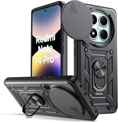مناسب لحافظة الهاتف المحمول Xiaomi Redmi Note 14 Pro 5G، مع غطاء كاميرا منزلق، ودعامة دوارة 360 درجة وغطاء واقي من السيليكون TPU - أسود in Saudi Arabia