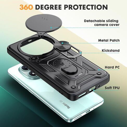 مناسب لحافظة الهاتف المحمول Xiaomi Redmi Note 14 Pro 5G، مع غطاء كاميرا منزلق، ودعامة دوارة 360 درجة وغطاء واقي من السيليكون TPU - أسود in Saudi Arabia