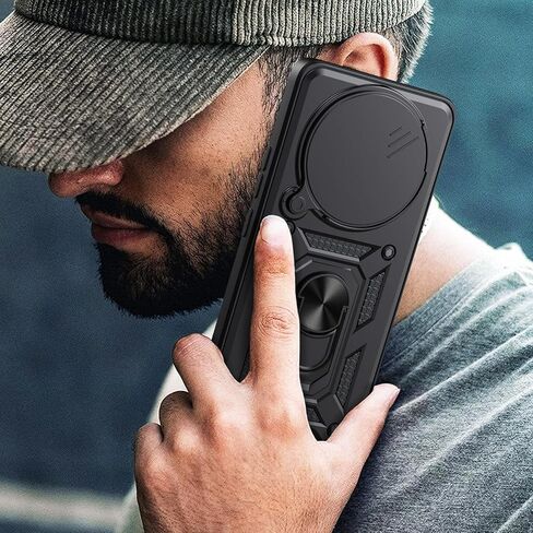 مناسب لحافظة الهاتف المحمول Xiaomi Redmi Note 14 Pro 5G، مع غطاء كاميرا منزلق، ودعامة دوارة 360 درجة وغطاء واقي من السيليكون TPU - أسود in Saudi Arabia