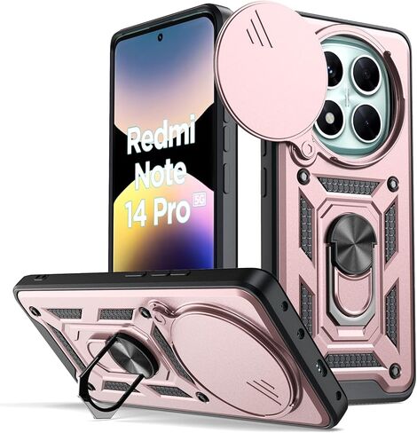 مناسب لحافظة الهاتف المحمول Xiaomi Redmi Note 14 Pro 5G، مع غطاء كاميرا منزلق، ودعامة دوارة 360 درجة وغطاء واقي من السيليكون TPU - أسود in Saudi Arabia