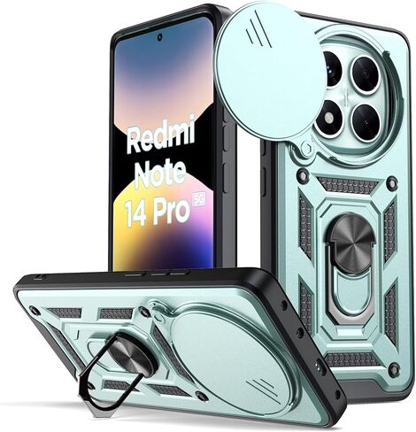 مناسب لحافظة الهاتف المحمول Xiaomi Redmi Note 14 Pro 5G، مع غطاء كاميرا منزلق، ودعامة دوارة 360 درجة وغطاء واقي من السيليكون TPU - أسود in Saudi Arabia