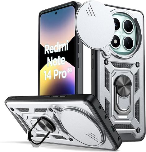 مناسب لحافظة الهاتف المحمول Xiaomi Redmi Note 14 Pro 5G، مع غطاء كاميرا منزلق، ودعامة دوارة 360 درجة وغطاء واقي من السيليكون TPU - أسود in Saudi Arabia